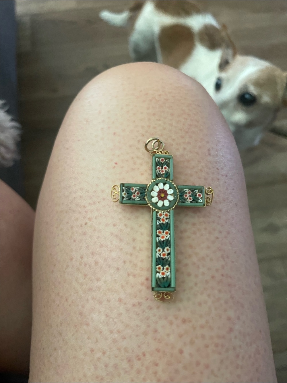 Vintage Green Floral Micro-Mosaic Cross Pendant